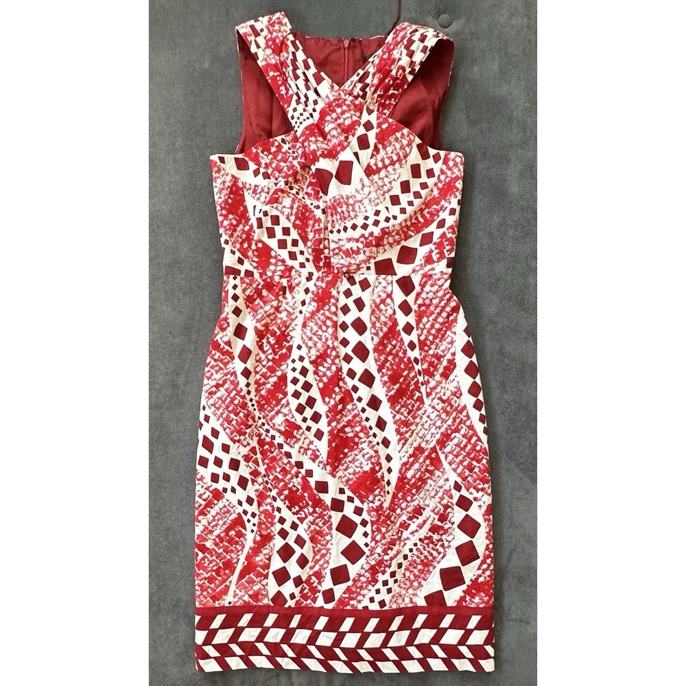 Adrianna Papell Front Cross Neck Dress Red‎ & White Size 6 Geometric Pattern